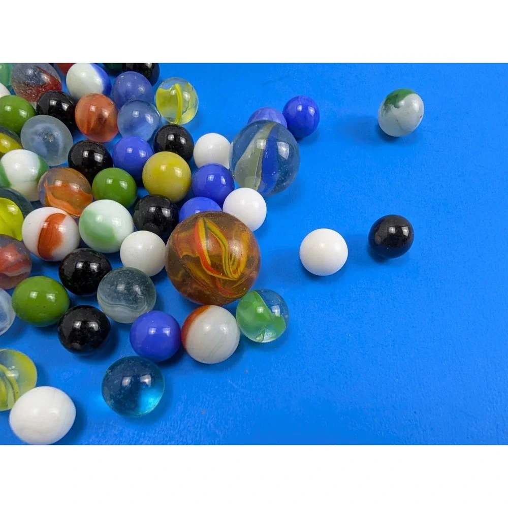 Vintage Bag of 75 Old Marbles Assorted Colors with Suede Leather Pouch